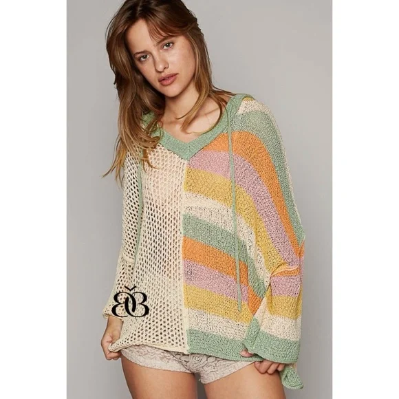 POL Half & Half Solid Striped Colorful Summer Knit Hoodie Sweater - Picture 8 of 9